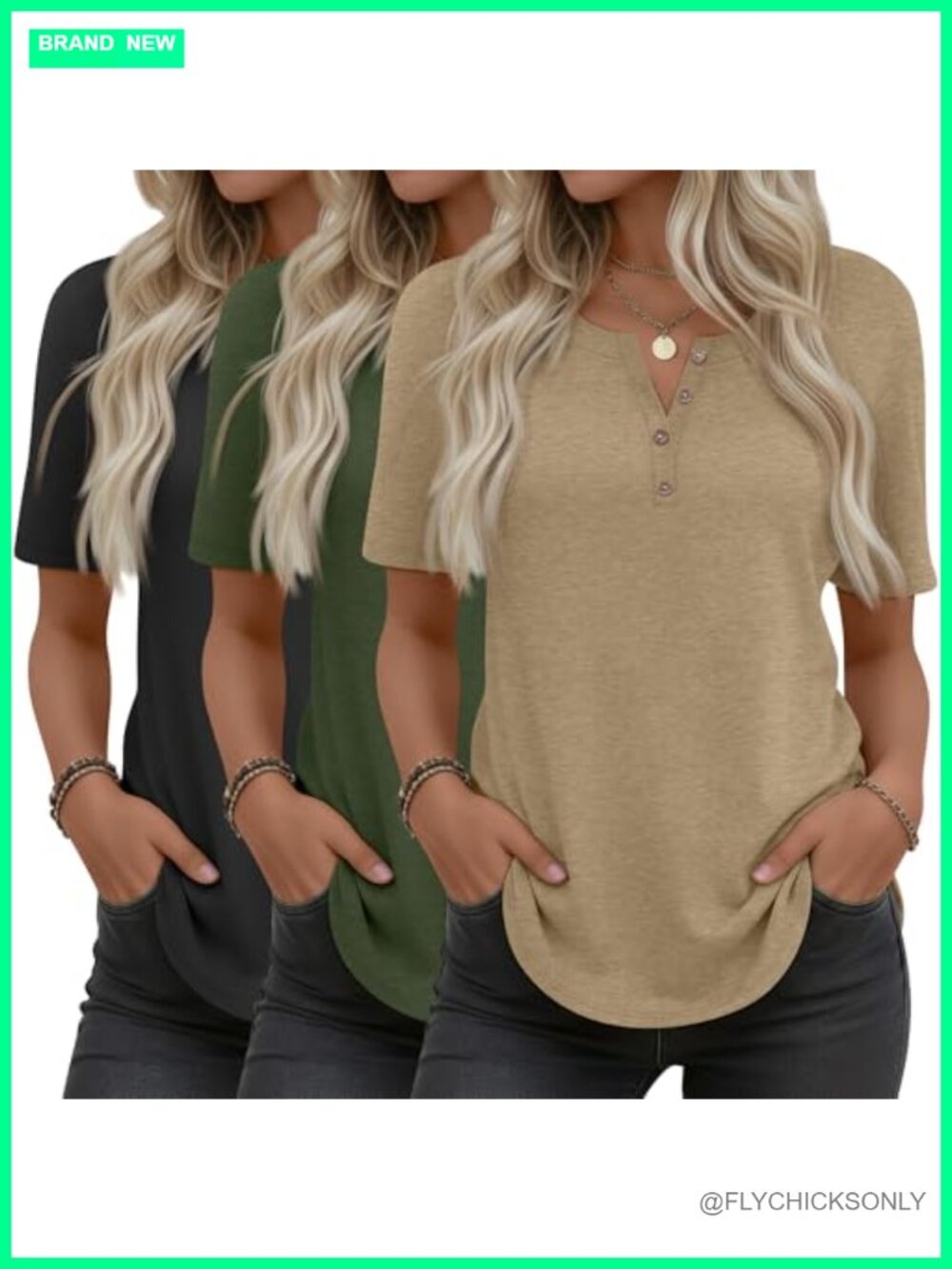 3 Pack Women's Henley Shirts Tunic Tops Curved Hem Button Neck